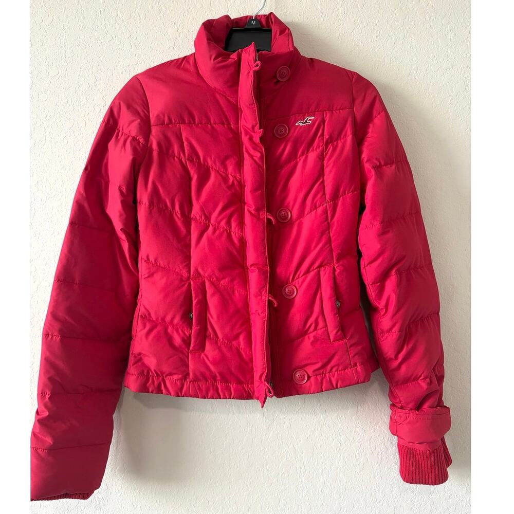 Hollister Pink Down Puffer Jacket Womens Small Button Front Zipper Mock Neck Y2K